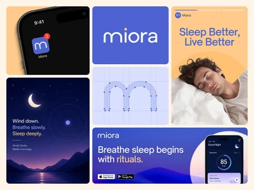 Miora sleep app brand identity, logo and app screens