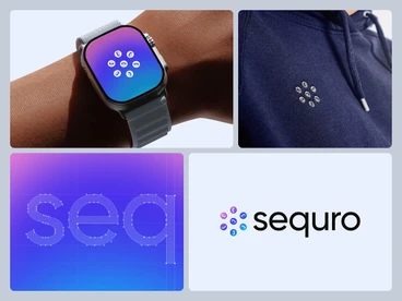 Sequro brand identity on a smartwatch, hoodie and logo lockup