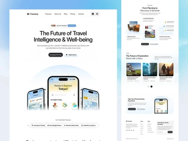Travexa travel app landing page with Tokyo trip screens